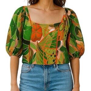 Julie Brown New York cropped puff sleeve tropical print multicolor top
